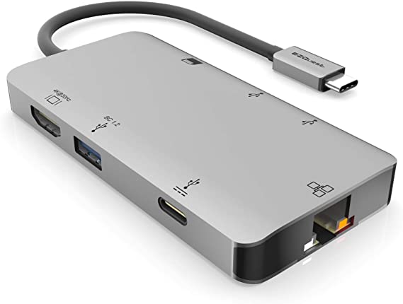 EZQuest USB-C Multimedia Hub Adapter 8 Ports (HDMI 4K 30Hz, 100W USB-C PD 3.0, Gigabit Ethernet, 3X USB 3.0, SD & Micro SD) for MacBook Air, MacBook Pro, XPS and More
