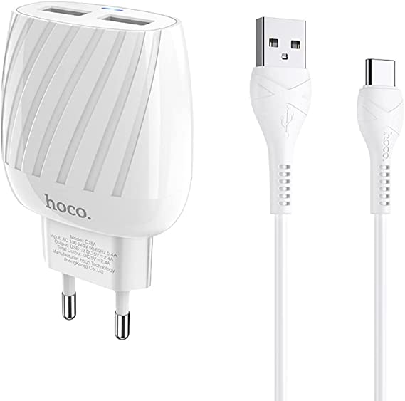 Hoco C78A - Max energy dual port charger set (2.4A - 1M) (EU) - Type-C For Samsung Huawei Xiaomi Oppo - White