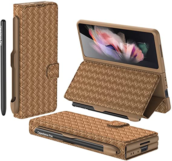 SHIEID Samsung Z Fold 3 Case with S Pen Holder Comes with Capacitance Pen, Galaxy Z Fold 3 Case Braided Leather Business Style Phone Case for Samsung Z Fold 3 Case Wallet, Brown