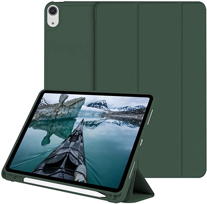 AOUB iPad Air 4th Generation Case 2020, iPad 10.9 Inch Case with Pencil Holder [Support Touch ID and iPad 2nd Pencil Charging/Pair] Soft TPU Smart Back Cover Trifold Case for ipad 10.9 inch Dark Green