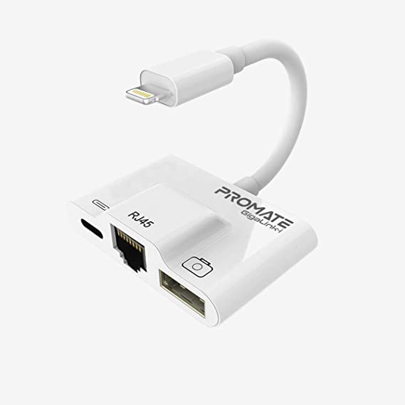 Promate OTG Lightning Hub, Ultra-Compact 3-In-1 Lightning to Digital Camera USB Adapter Kit with RJ45 Ethernet Port and Sync and Charge Lightning Port for iPhone, iPad Pro, iPod, GigaLink-i-White