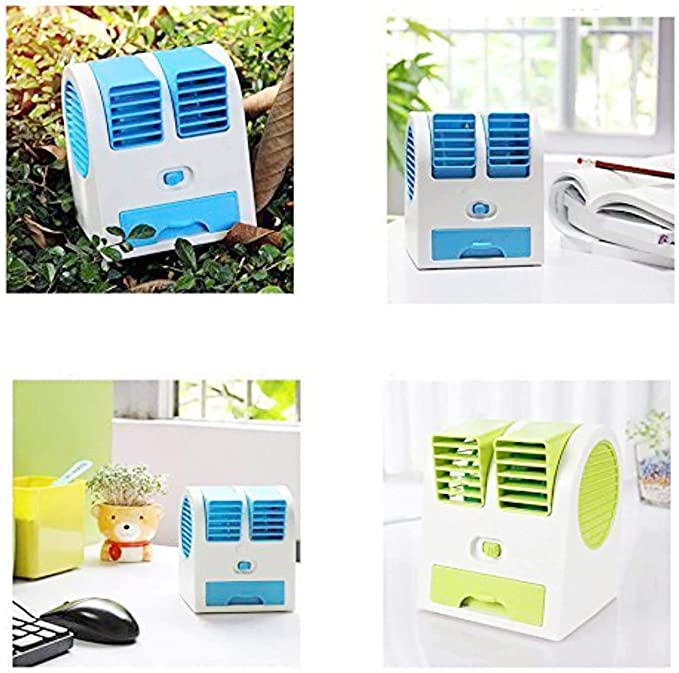 Blackcherry Portable Dual Bladeless Mini Cooler Desktop Table Fan Small Water Air Conditioner Powered by USB & Battery Use of Car Home Office (Multicolor)