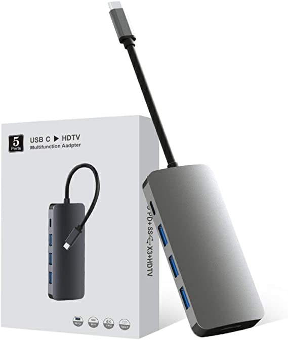 USB Type C Hub, 5-in-1 Adapter with 4K HDMI, 3 USB 3.0, Fast Charging PD Charge Port for MacBook Pro 2019 Samsung Galaxy S9, Matebook X Pro Dell XPS 15 13, HP Spectre Envy, Lenovo Yoga