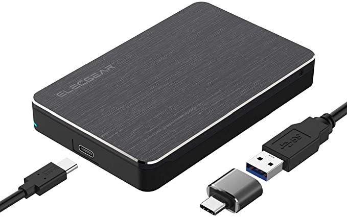 ElecGear USB C 3.1 Gen2 External Disk Enclosure for 7mm to 15mm 2.5-inch SATA Hard Drive, Portable Caddy Case Converter for Thick and Standard 2.5'' HDD and SSD, Type A Cable and USB C Adapter