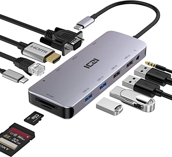 ICZI USB C Hub 11 in 1 USB C Multiport Adapter with HDMI 4K 30Hz, 4 USB 3.0 / 2.0, Gigabit Ethernet, VGA 1080P 60Hz, PD 100W, Audio 3.5mm, SD/TF Card Reader Suitable for MacBook Surface Samsung Huawei