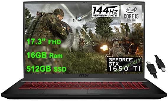 MSI 2021 Flagship GF75 Thin Gaming 17 Laptop 17.3” FHD IPS 144Hz 10th Gen Intel 4-Core i5-10300H(Beat i7-8850H) 16GB RAM 512GB SSD GeForce GTX 1650Ti 4GB Backlit USB-C Win10 + HDMI Cable
