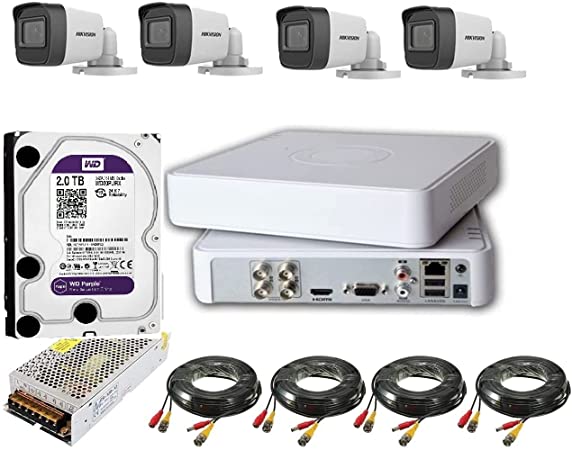 A complete surveillance system, 4 surveillance cameras Hikvision, high definition, 2 megapixels, with a DVR recorder, FULL HD 1080p, and a 2 TB hard disk, with adapters and wires