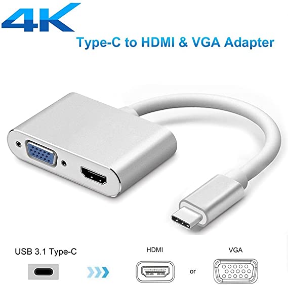 USB-C to HDMI VGA Adapter, 2 in 1 USB 3.1 Type C to VGA HDMI 4K Video Converter ,Dual Screen Display Adapter with Aluminium Case for MacBook ChromeBook Pixel, Sumsang S8 or Other (Dark White)
