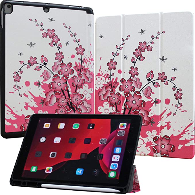 JYtrend Smart Slim Case for iPad 7th Gen/iPad 8th Generation with Pencil Holder, Soft TPU + Leather Shock Protective Cover Tri-fold Stand Magnetic Auto Wake Up/Sleep for iPad 10.2 Inch (Pink Flower)
