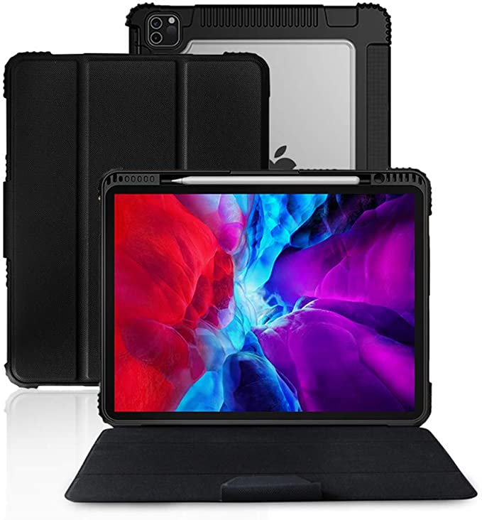 DFU Compatible with iPad Air 10.9 / Pro 11 Case 2020 with Pencil Holder Smart Cover with Soft TPU and Clear PC Back Auto Sleep/Wake for iPad (Black)