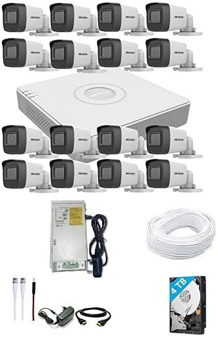 SK HIKVISION 16 Channel DVR with 5 MP 16 Bullet Cameras with Audio Recording + 4 TB HDD + (3+1) Cable roll + Neotech 16 CH Power Supply + BNC & DC Full Combo Kit