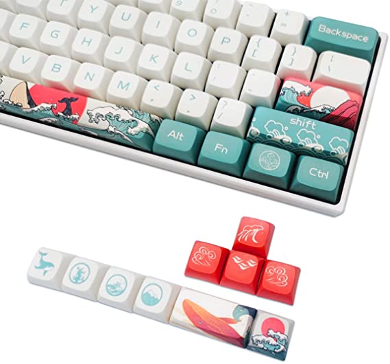 Custom Keycaps, XDA Profile PBT Keycaps, Japanese Ukiyo-e Coral Sea Style Keycaps for Mechanical Keyboards, Full 108 Key Set with Key Puller (Coral Sea)