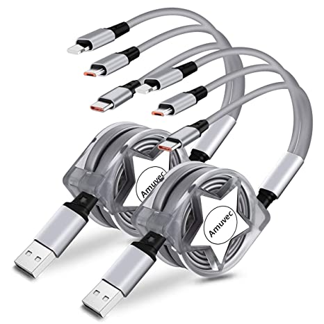 Amuvec Multi Charger Cable, 2Pack Retractable 3 in 1 USB Charging Cable Universal Charge with Micro USB Type C iP Connectors for Phone Samsung Galaxy S9 S8 S7 Google Pixel Tablet Android - Grey