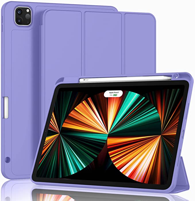 ZryXal New iPad Pro 12.9 Inch Case 2021(5th Gen)/2020(4th Gen) with Pencil Holder,Smart iPad Case [Support Touch ID and Auto Wake/Sleep] with Auto 2nd Gen Pencil Charging (Slate Blue)