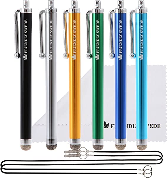 The Friendly Swede Bundle Micro-Knit Hybrid Fiber Tip Universal Capacitive Stylus Pens (Silver,Aqua Blue,Green,Dark Blue,Yellow,Black)