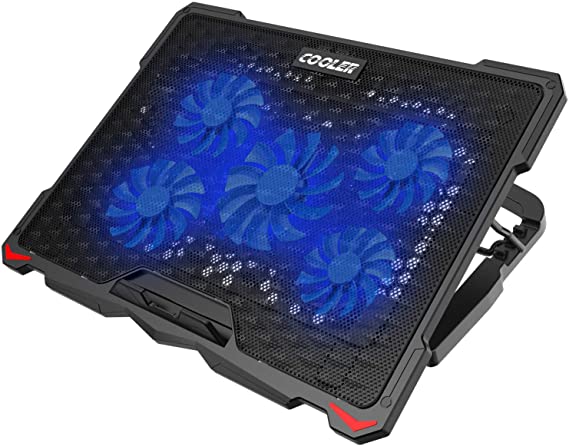 Laptop Cooling Pad 5 Fans Up to 17.3 Inch Heavy Notebook Cooler, Blue LED Lights, 2 USB Ports, S035