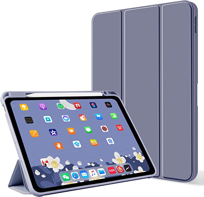 Aoub Case for iPad Pro 12.9 5th Generation, Auto Sleep/Wake Slim Lightweight Trifold Stand Smart Cover, Soft Silicone Back Case with Pencil Holder for iPad Pro 2021 12.9 inch, Purple
