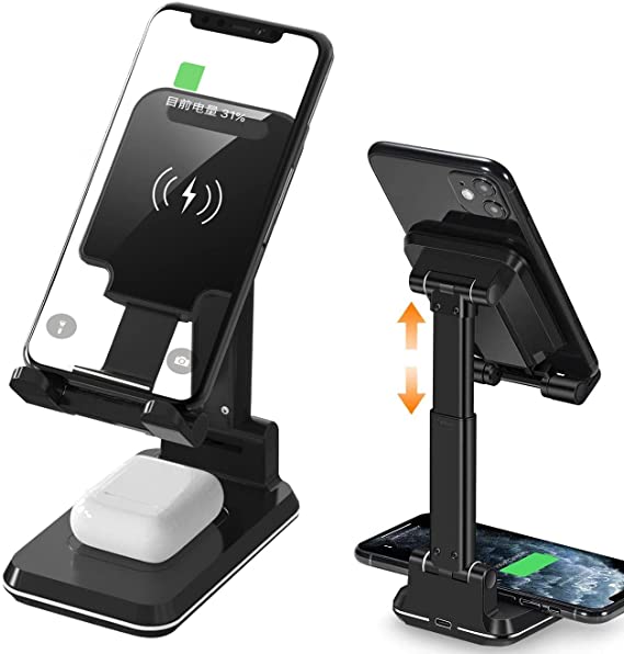 2 in 1 Wireless Charger, Dual Wireless Charging Desk Phone Stand, 15W Qi Fast Charger Desktop Phone Stand Lazy Phone Stand Compatible with iPhone 12/12Pro/11Pro/XR/X, Samsung S10/S9/S8/Note10/Note9