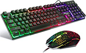 BAKTH Multiple Color Rainbow LED Backlit Mechanical Feeling USB Wired Gaming Keyboard and Mouse Combo
