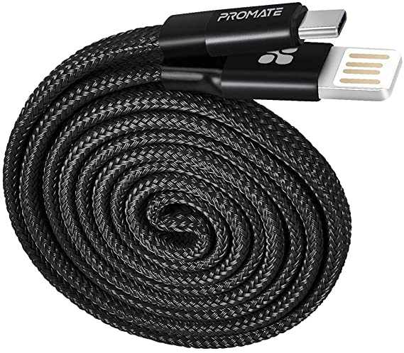 Promate Coiline-C Auto-Coiling USB-C Cable, Premium Fabric Braided Aluminium Alloy Reversible USB-A to Type-C Cable With 2A Fast Charge and Sync 1.2 Meter Cord, Coiline-C (Black)