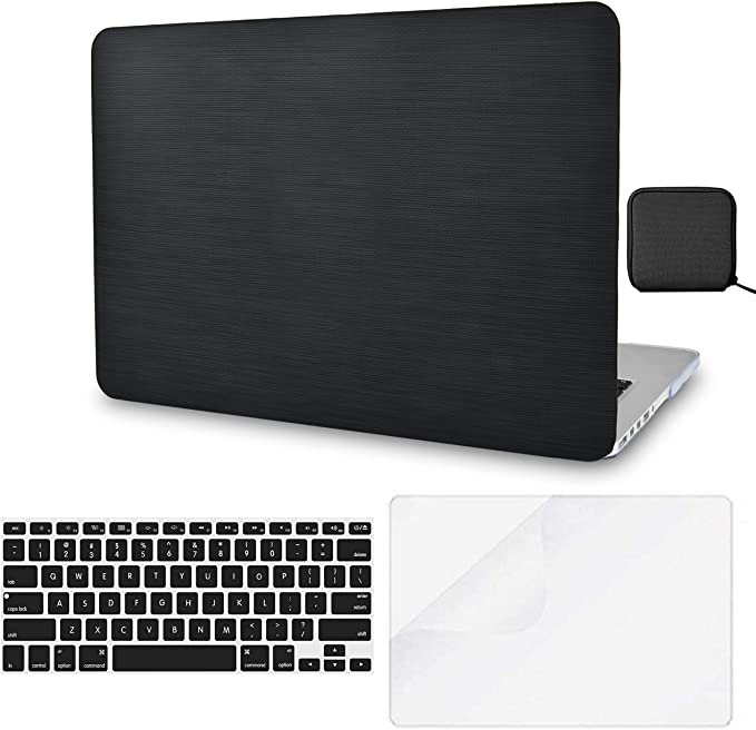 RITAYAN 4 in 1 Case Compatible with MacBook Air 13 Inch (2018-2020) A1932 (Touch ID) Retina Display Leather Hard Shell Cover, Pouch, Keyboard Cover & Screen Protector (Black Saffiano Leather)