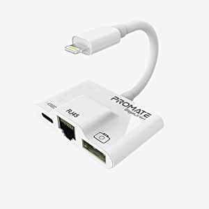 Promate OTG Lightning Hub, Ultra-Compact 3-In-1 Lightning to Digital Camera USB Adapter Kit with RJ45 Ethernet Port and Sync and Charge Lightning Port for iPhone, iPad Pro, iPod, GigaLink-i-White