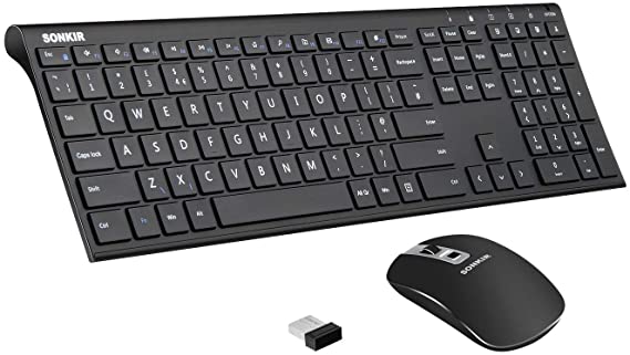 Wireless Keyboard and Mouse Combo, Sonkir K-18 2.4GHz Ultra-thin Full-size Keyboard with Free Cover Film & 3-Adjustable DPI Mouse Set for Windows, Laptop, PC Computer, Smart TV (Black)