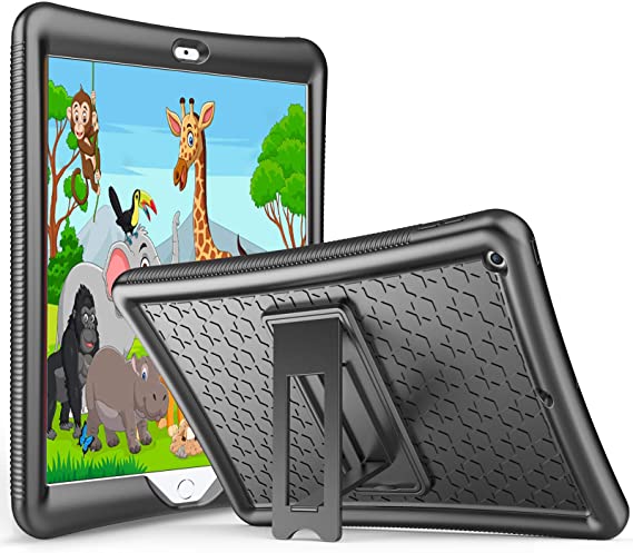 ProCase Kids Case for iPad 10.2 8th Gen 2020 / 7th Gen 2019, Shockproof Soft Silicone Case, Lightweight Anti-Slip Kids Friendly Protective Cover with Kickstand for 10.2 Inch iPad 8 / iPad 7 -Black