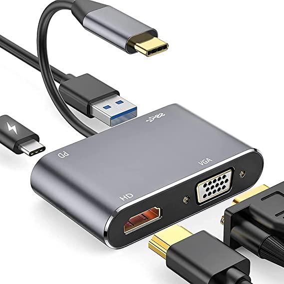 Battpit USB C to HDMI VGA Adapter, Type C Hub Adapter with USB C to HDMI, USB C to VGA, USB 3.0 Port, Charging Port Compatible with Samsung S9/S8/Note 9/8/Apple MacBook/Nintendo Switch
