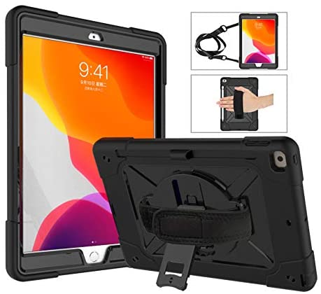 Coopts iPad 8 2020 Case with Screen Protector, iPad 10.2" 7th Generation 2019 Case for Kids, Heavy Duty Three-Layer Shockproof Kickstand Hand Strap Case for iPad 8th/7th Gen 2020/2019, Black