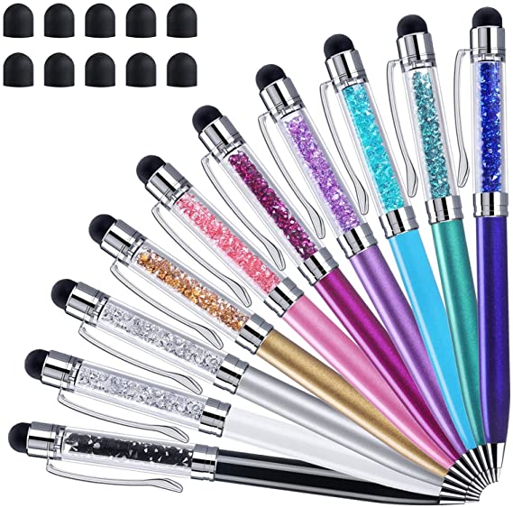 Stylus Pens for Touch Screens, ChaoQ 2 in 1 Crystal Stylus Ballpoint Pen (10-Pack), 1.0mm Medium Point (Black Ink), with 10 Replaceable Rubber Tips