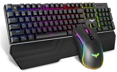 Havit KB389L Mechanical Keyboard and Mouse Combo RGB Gaming 104 Keys Blue Switches Wired USB Keyboards with Detachable Wrist Rest, Programmable Gaming Mouse for PC Gamer Computer Desktop (Black)