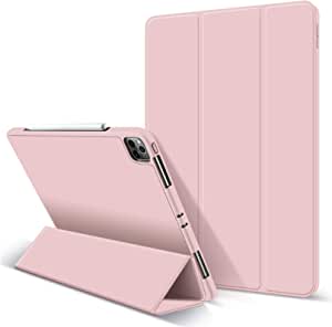 Aoub Case for iPad Pro 12.9 2020 & 2018, Auto Sleep/Wake Slim Lightweight Trifold Stand Smart Cover, Soft TPU Back Case with Pencil Holder for iPad Pro 12.9 inch, Light Pink
