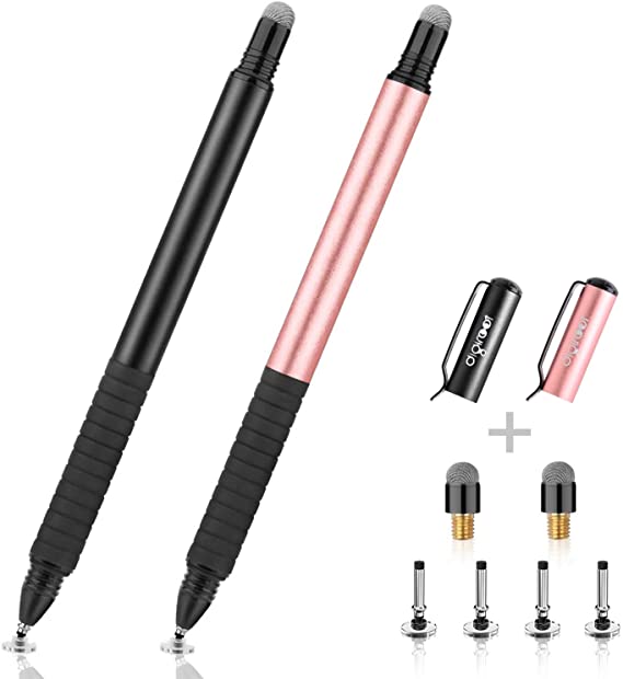 Digiroot (2Pcs) 2-in-1 Precision Stylus Disc Tip with Fiber Tip for Notes-Taking, Drawing , Navigation on Touch Screen (4 Discs, 2 Fiber Tips Included)- (Black/Rose Gold)