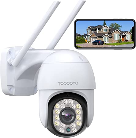 Security Camera Outdoor Topcony CCTV Camera Wireless WiFi PTZ 360° View with 1080P Color Night Vision, Motion Detection Auto-tracking, Two-way Audio, IP66 Waterproof, Support NVR/DVR/Onvif