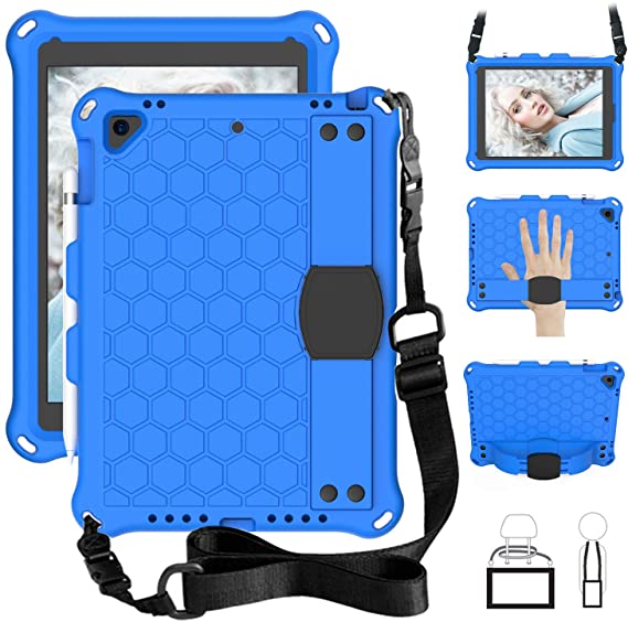 Coopts Kids Case for Apple iPad 9.7 Inch 2018/2017 iPad 6th/5th Generation iPad Pro 9.7 Case iPad Air 2/1 Cover, Rugged EVA Heavy Duty Kickstand Shell with Pencil Holder Hand Strap Shoulder Strap,Blue