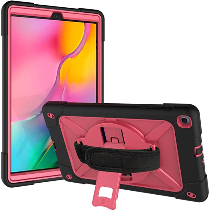 Dteck Samsung Galaxy Tab A 10.1 2019 Case -T510, Heavy Duty Rugged Shockproof Drop Protection Case with 360 Kickstand, Handle Strap & Shoulder Strap for Galaxy Tab A 10.1 -T510/T515, Black/Rose