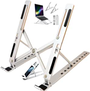 Tech-3dom Laptop Stand,Holder, Desk. Foldable, Portable, Ventilated, Cooling Stand, Non-Slip, for all laptops (10"-18"),Tablet/Mobile phone. Lightweight, 9-Adjustable heights, Eco (Silver)