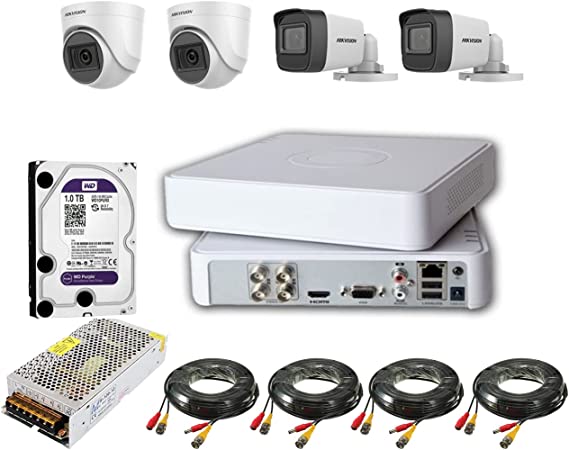 Hikvision Complete System 2 Megapixels 4 Surveillance Cameras with DVR Recorder, Full HD, and 1TB Hard Disk with Adapters and Wires
