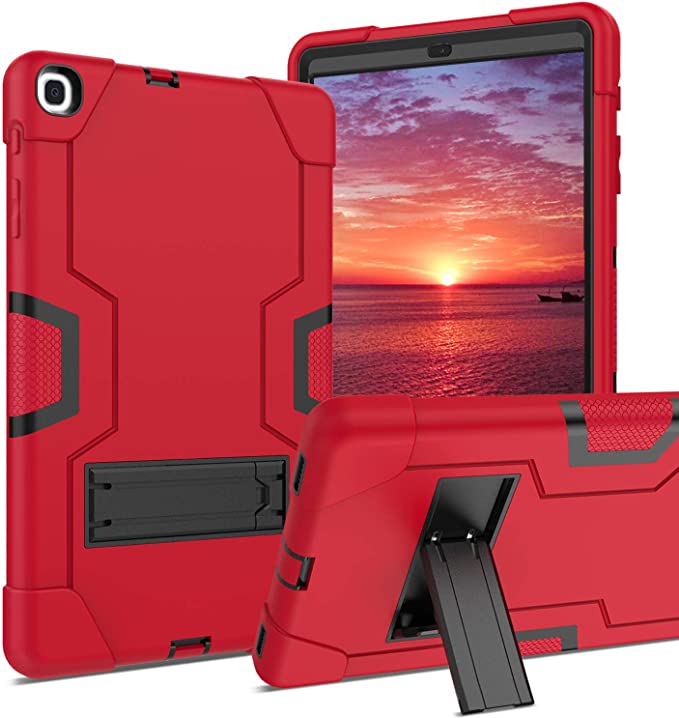 DUEDUE Galaxy Tab A 10.1 Case -T510/T515,Kickstand Heavy Duty Shockproof Rugged High Impact Full Body Protective Case for Samsung Galaxy Tab A 10.1 2019 for Women Men Kids, Black/Red