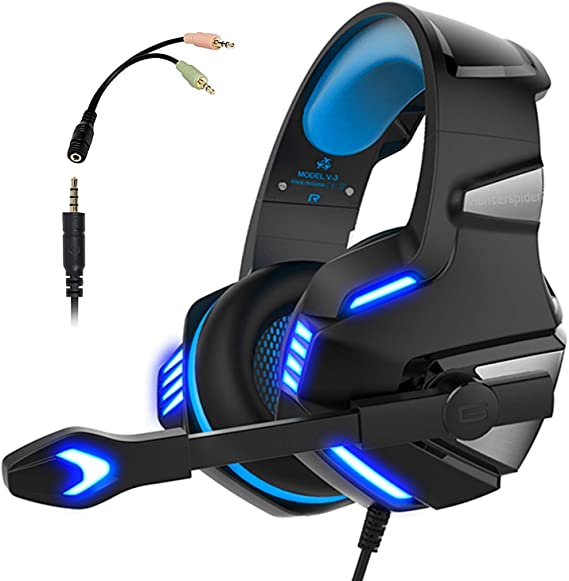 Micolindun Gaming Headset for Xbox One, PS4, PC, Over Ear Gaming Headphones with Noise Cancelling Mic LED Light, Stereo Bass Surround, Soft Memory Earmuffs for Smart Phone, Laptops, Tablet