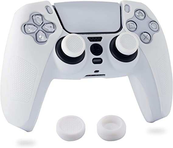 BRHE PS5 Controller Skin Anti-Slip Silicone Grip Cover Protector Rubber Case Accessories Set for Playstation 5 Gamepad Joystick with 2 Thumb Grip Caps (White)