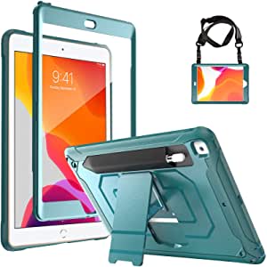 ProCase iPad 10.2 (2020 8th Generation/ 2019 7th Generation) Rugged Case with Screen Protector, Shockproof Heavy Duty Full Body Protective Cover with Pencil Holder Kickstand Shoulder Strap -Teal