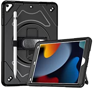(Cover Compatible with iPad 10.2inch 2021 2020 2019 (9th/8th / 7th Generation) 360 Degree Swivel Kickstand PC + Silicone with Hand Strap Case Ultra Hybrid Shockproof Full-Body Protective - (Black