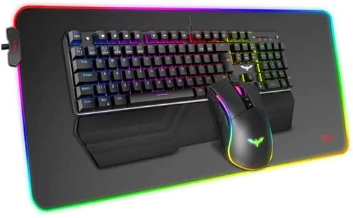Havit Mechanical Keyboard and Mouse Combo RGB Gaming 104 Keys Blue Switches Wired USB Keyboards , Detachable Wrist Rest, Programmable Mouse, RGB Large Gaming Mouse Pad for PC Gamer Computer