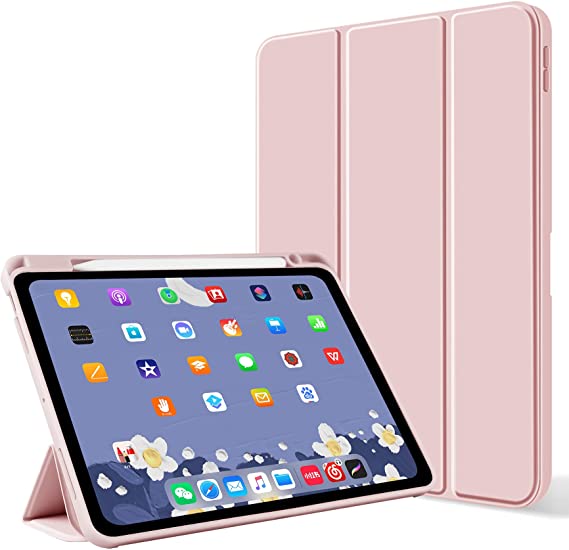 Aoub Case for iPad Pro 12.9 5th Generation, Auto Sleep/Wake Slim Lightweight Trifold Stand Smart Cover, Soft Silicone Back Case with Pencil Holder for iPad Pro 2021 12.9 inch, Light Pink