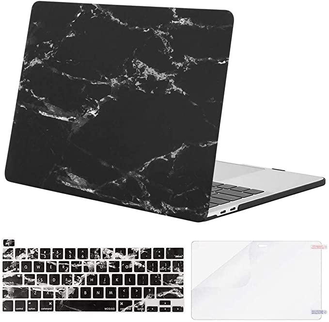 MOSISO Compatible with MacBook Pro 13 inch Case 2016-2021 Release A2338 M1 A2289 A2251 A2159 A1989 A1706 A1708, Plastic Pattern Hard Shell Case & Keyboard Cover Skin & Screen Protector, Black Marble