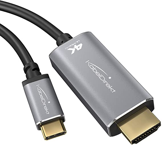 KabelDirekt – 2 م – USB-C إلى مهايئ HDMI والكابل (حتى 4K/2160p عند 60 هرتز – توصيل الحواسيب الدفترية، الهواتف الذكية، الأجهزة اللوحية بالشاشات الكبيرة – Thunderbolt 3/USB-C 3.1)