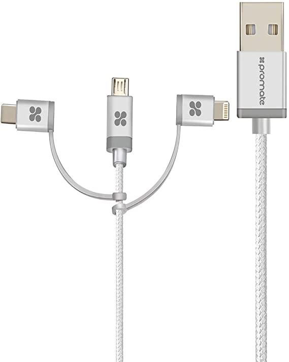 Promate USB-C Type C, Micro USB, Apple MFi Lightning Cable 3 in 1 Triple Head Data and Charge Cable for Apple, Android and Type C Devices, Unilink-Trio Silver