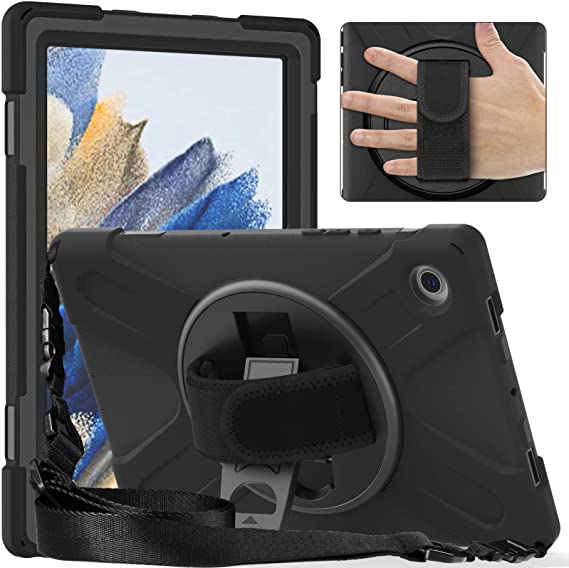 Herize Samsung Galaxy Tab A8 10.5 Inch Case Cover 2022, Full Body Cover with 360 Rotating Hand Strap&Shoulder Strap Heavy Duty Shockproof Durable Rugged Protective Case for A8 Tablet SM-X200 Black